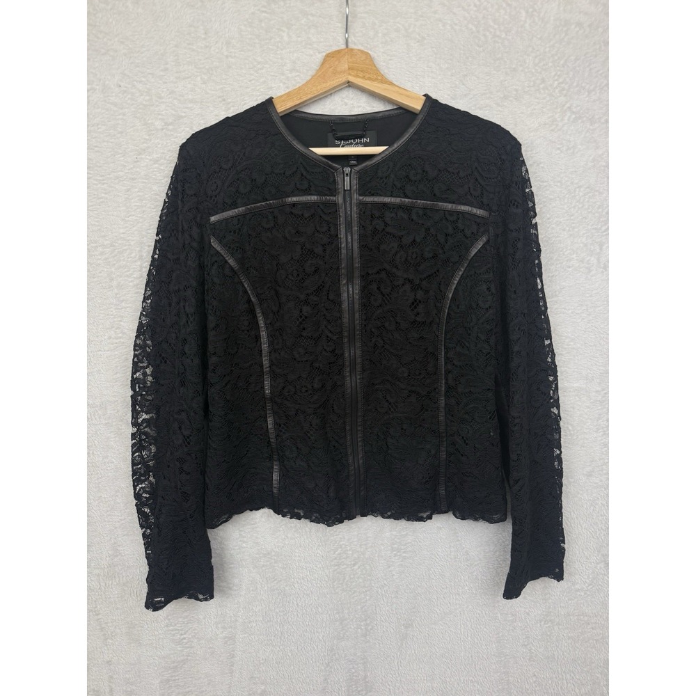 St John Couture Black Floral Lace Jacket Leather Trim Moto Silk Lined Goth Glam